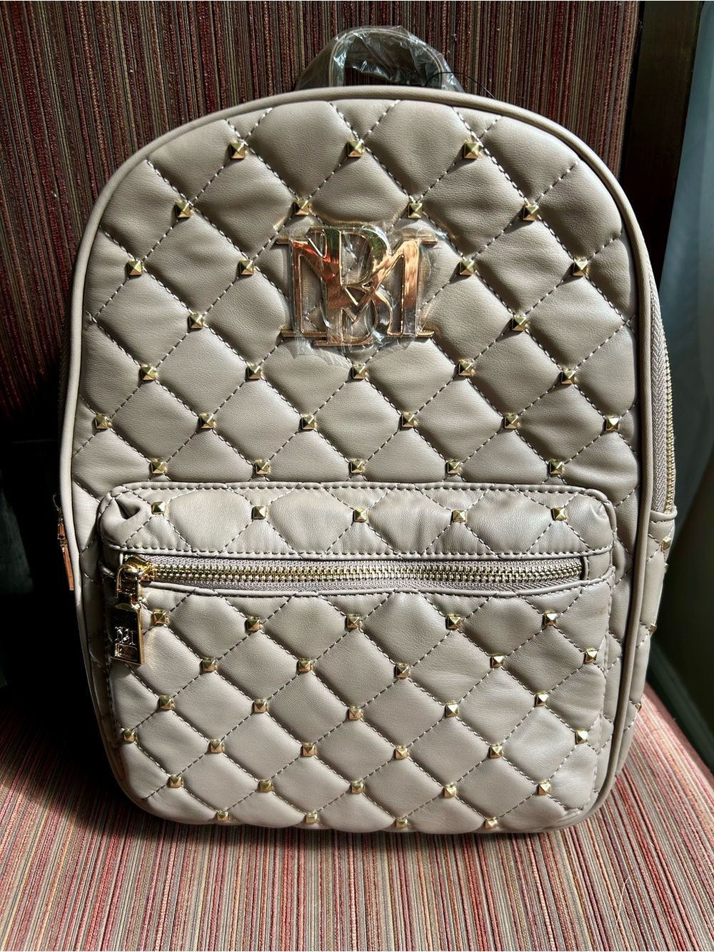 Badgley Mischka Quilted Taupe Vegan Leather Backpack with Gold Stud Accent NWT